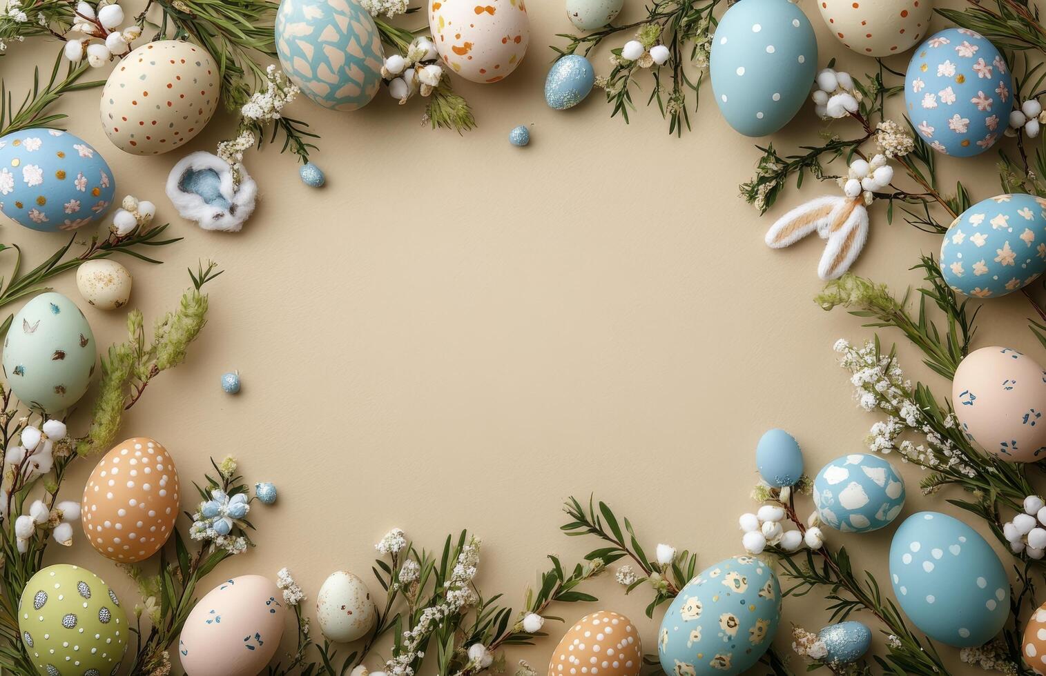 A charming arrangement of colorful Easter eggs and a bunny on a light background photo