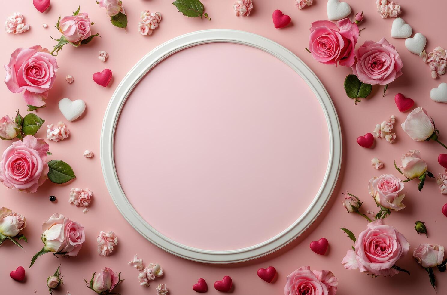 Romantic pink background with roses, hearts, and a circular frame for special occasions photo