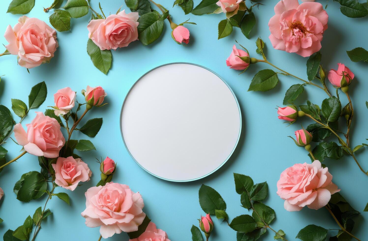 Elegant arrangement of pink roses surrounding a blank plate on a soft pink background photo