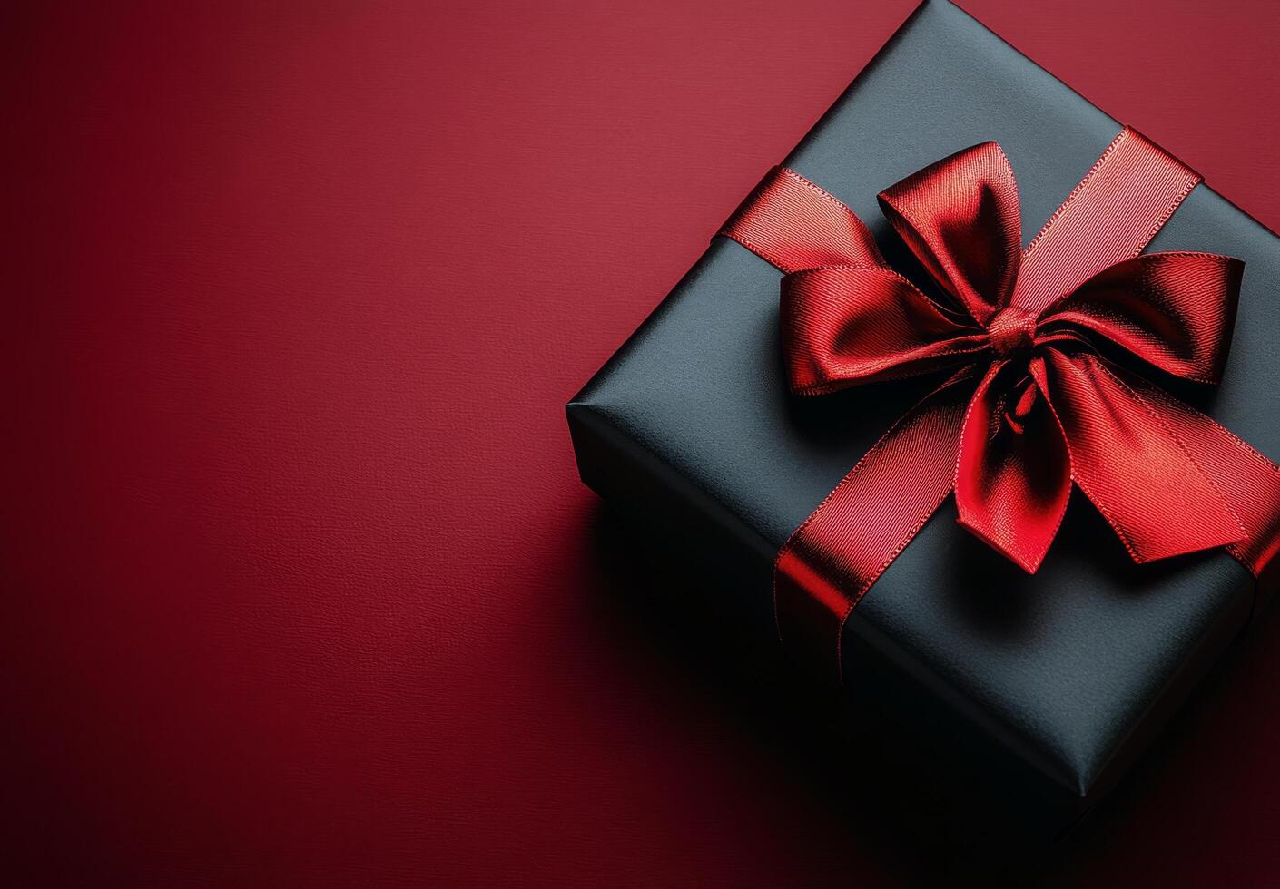 A beautifully wrapped black gift box with a red ribbon on a textured red and black background photo