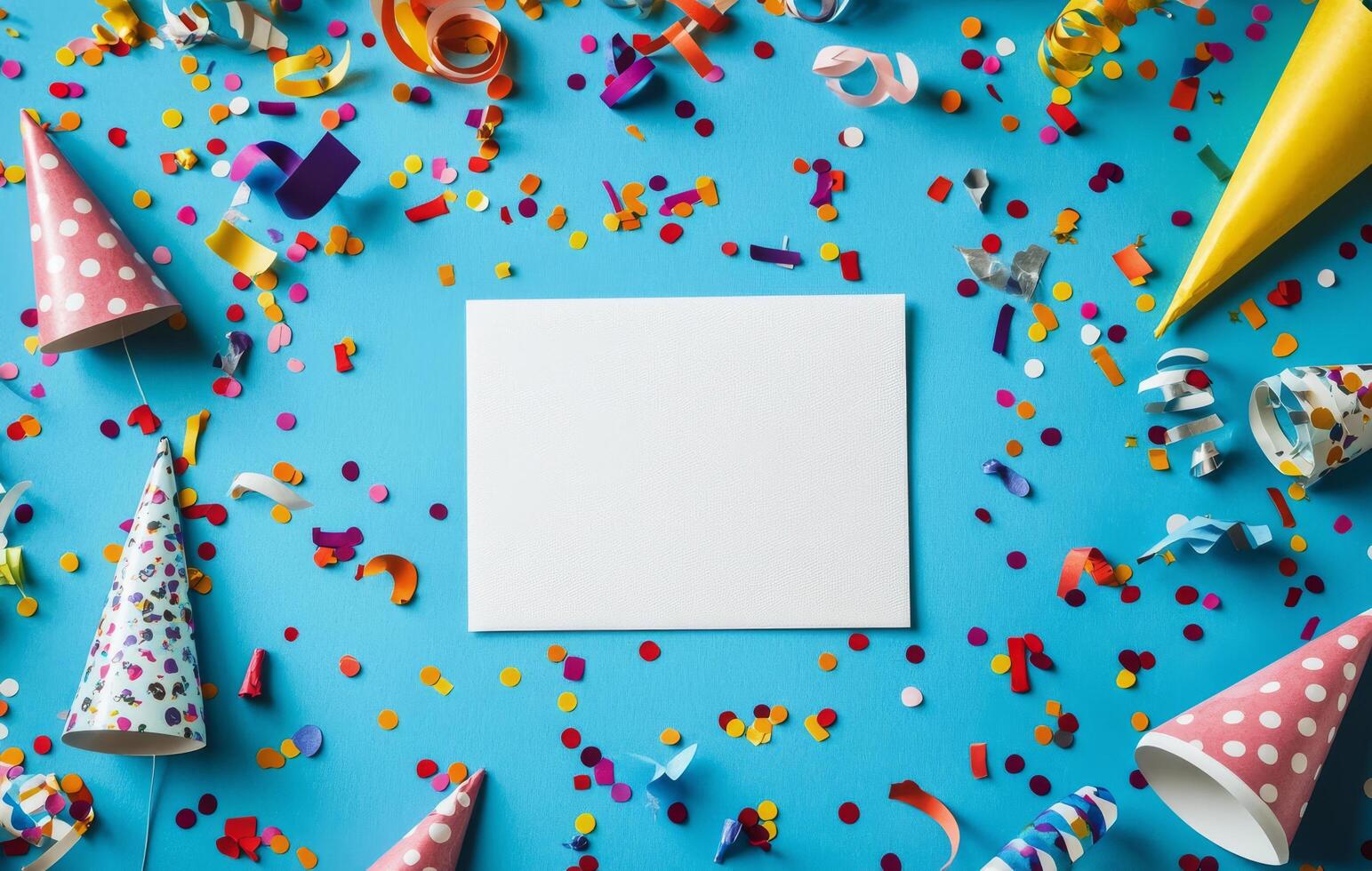 Festive celebration setup with colorful party hats and confetti on a bright blue background photo