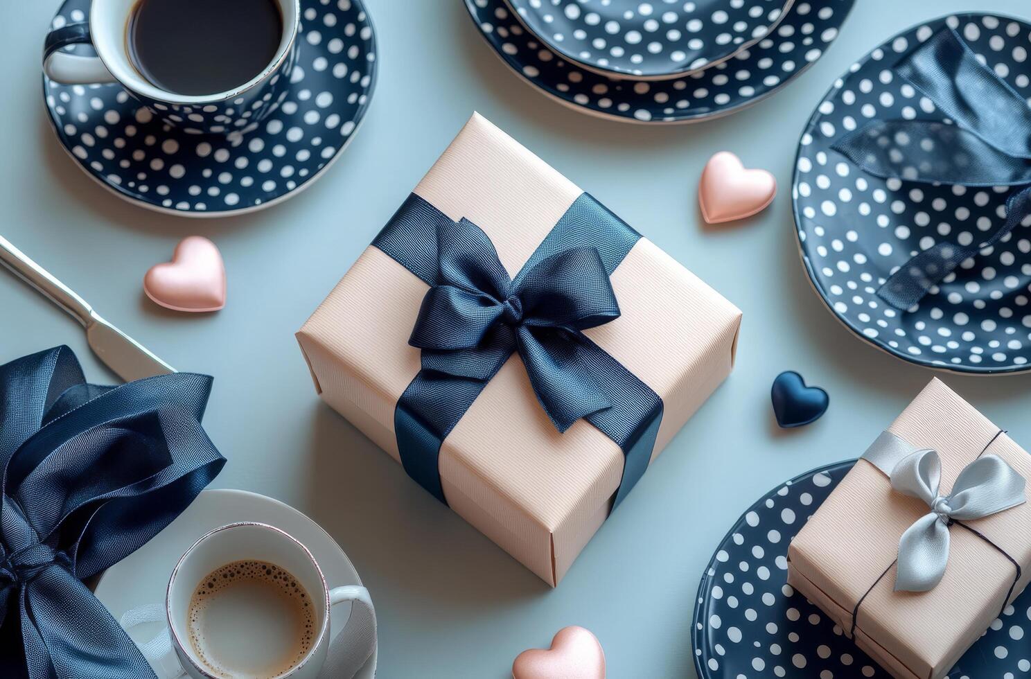 Elegant gift wrapped in navy ribbon on a table set with polka dot cups and saucers photo