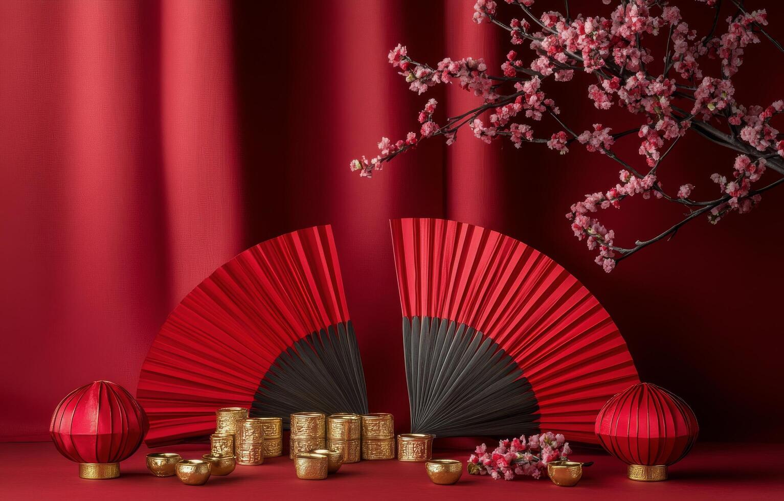 Elegant red fan and decorative elements with cherry blossoms for a festive celebration photo