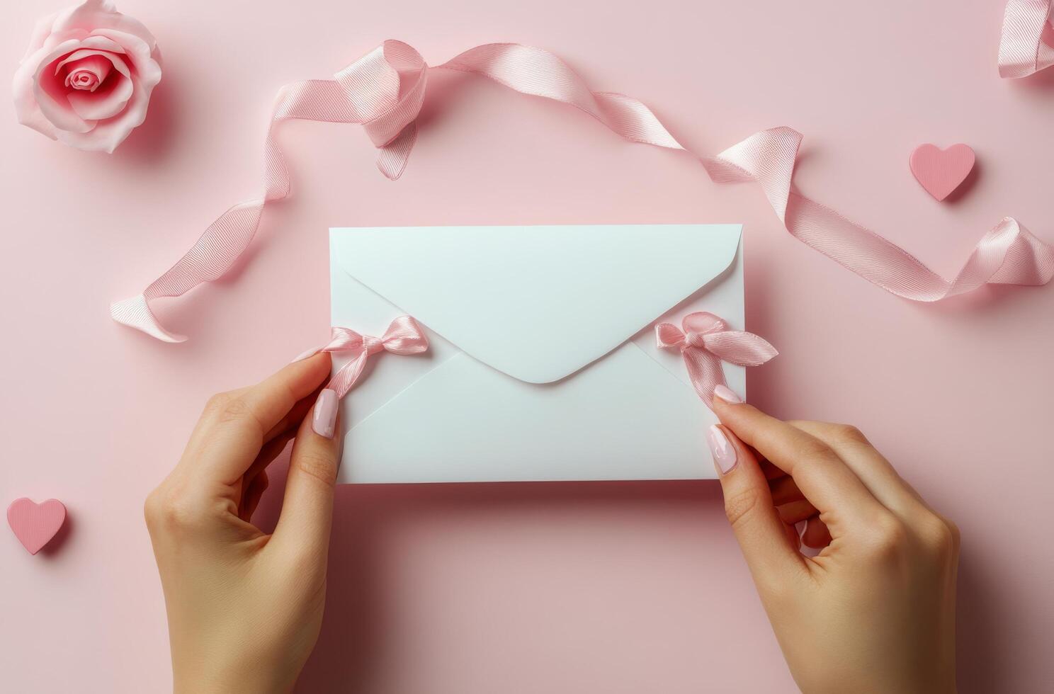 Creating a lovely gift envelope with pink ribbons and romantic decorations on a pastel background photo