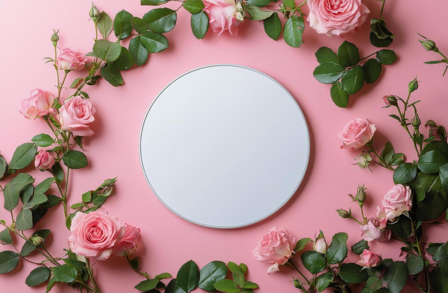 Delicate pink roses surrounding a blank circular platform on a soft pink backdrop photo