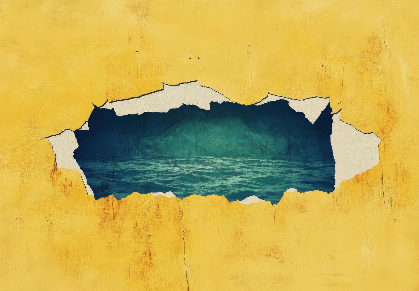 Artistic torn paper revealing tranquil ocean view with bright yellow background photo