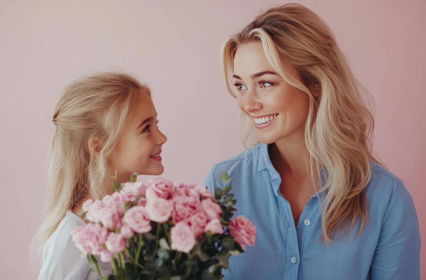 A joyful mother and daughter share a special moment with pink flowers against a pastel background photo