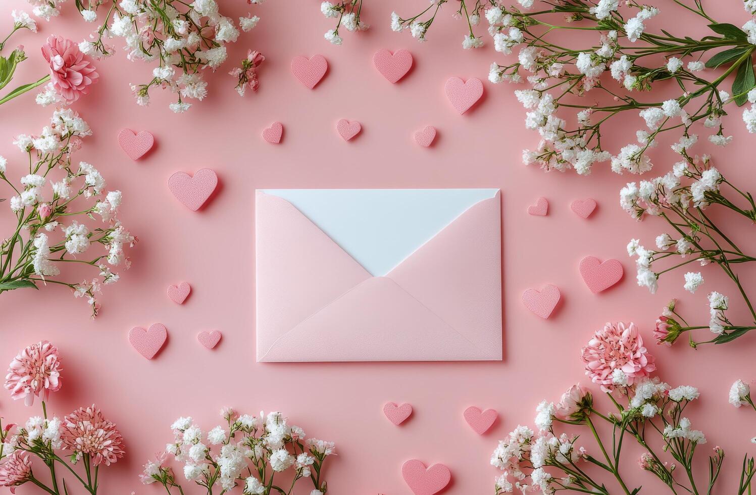 A beautiful arrangement of pink flowers and hearts surrounding a pink envelope on a soft background photo