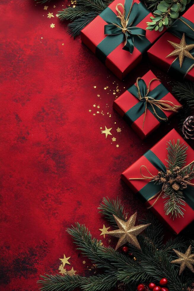 Festive holiday gifts arranged on a vibrant red background with decorative elements and greenery photo