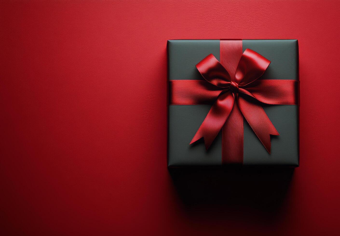 A beautifully wrapped black gift box with a red ribbon on a vibrant red backdrop photo