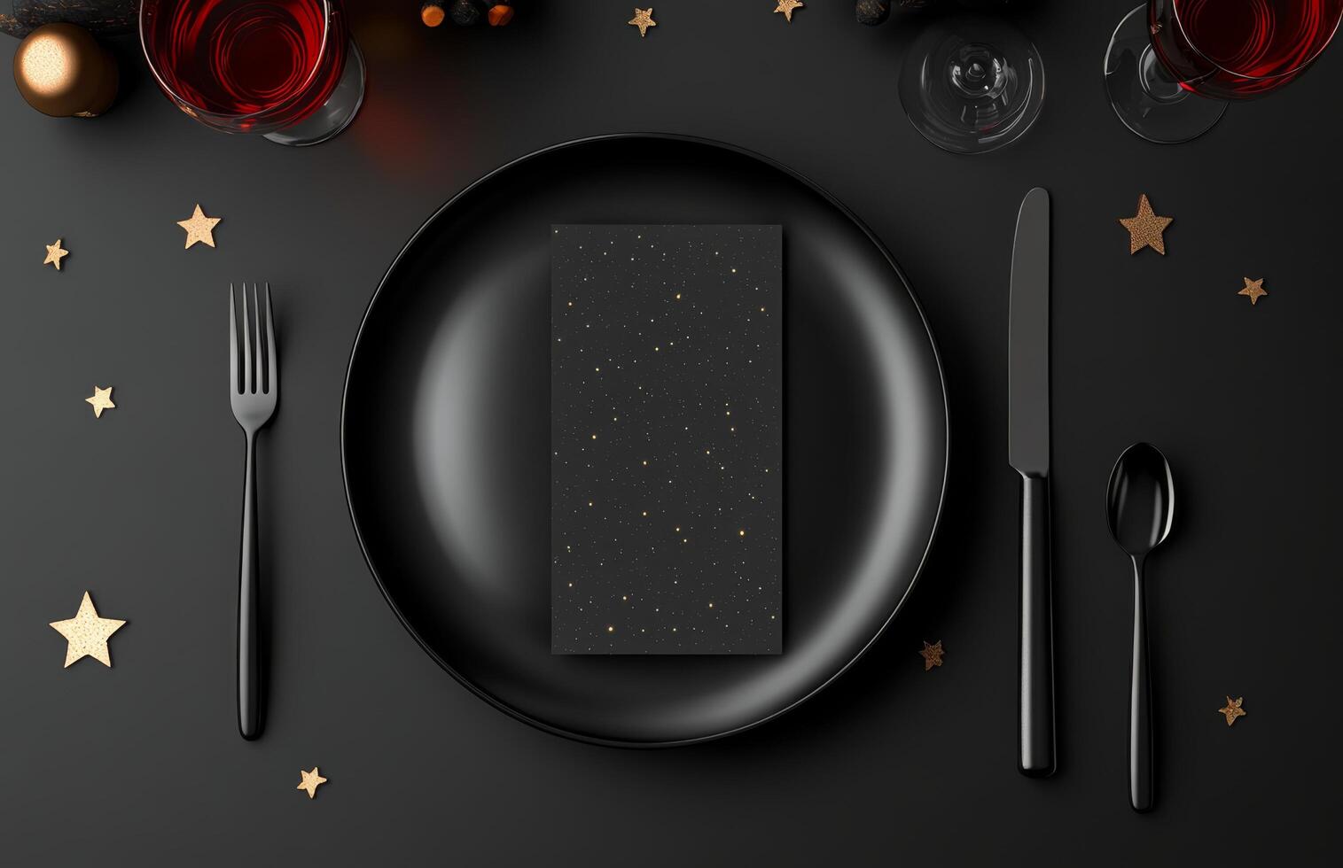 Elegant dinner setting with red wine, black plate, and golden cutlery on a dark table photo