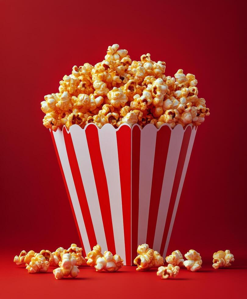 Delicious freshly popped popcorn in a striped container against a vibrant red background photo