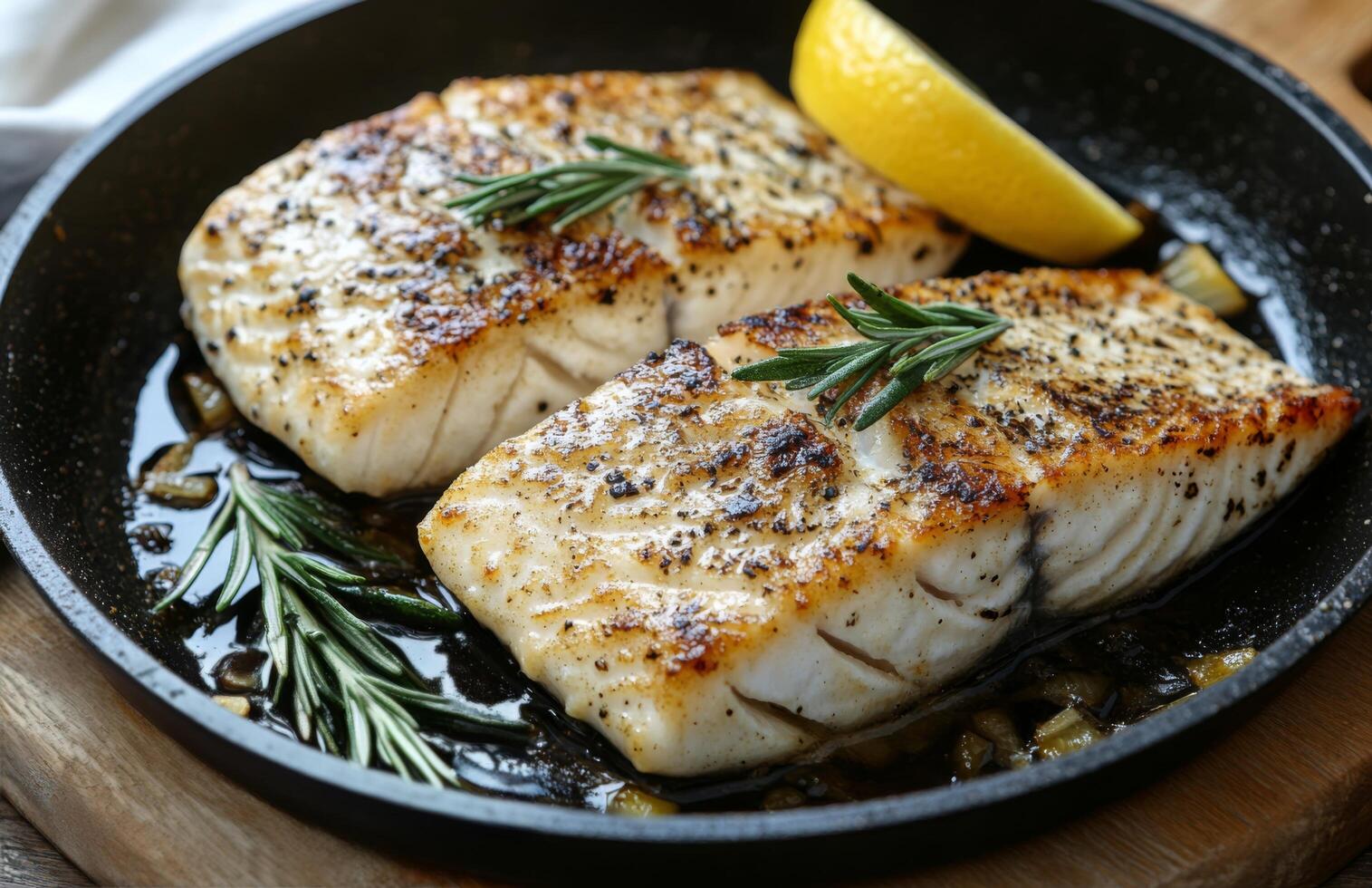 Perfectly seared fish fillets garnished with herbs and lemon on a black plate photo