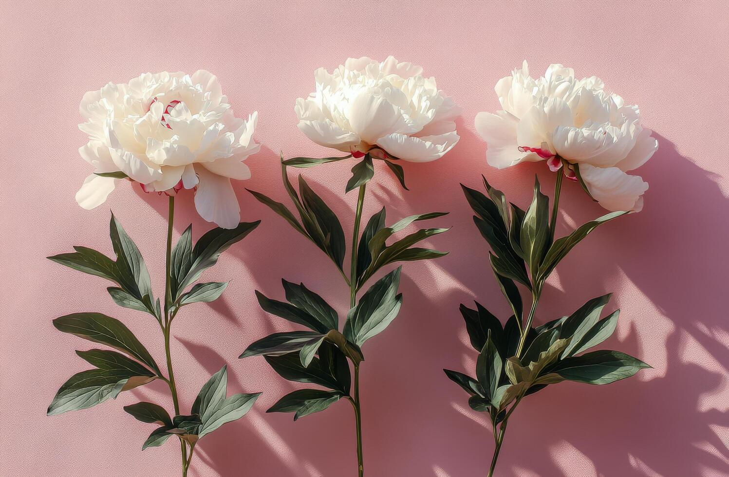 Three white peonies arranged on a soft pink background in bright natural light photo