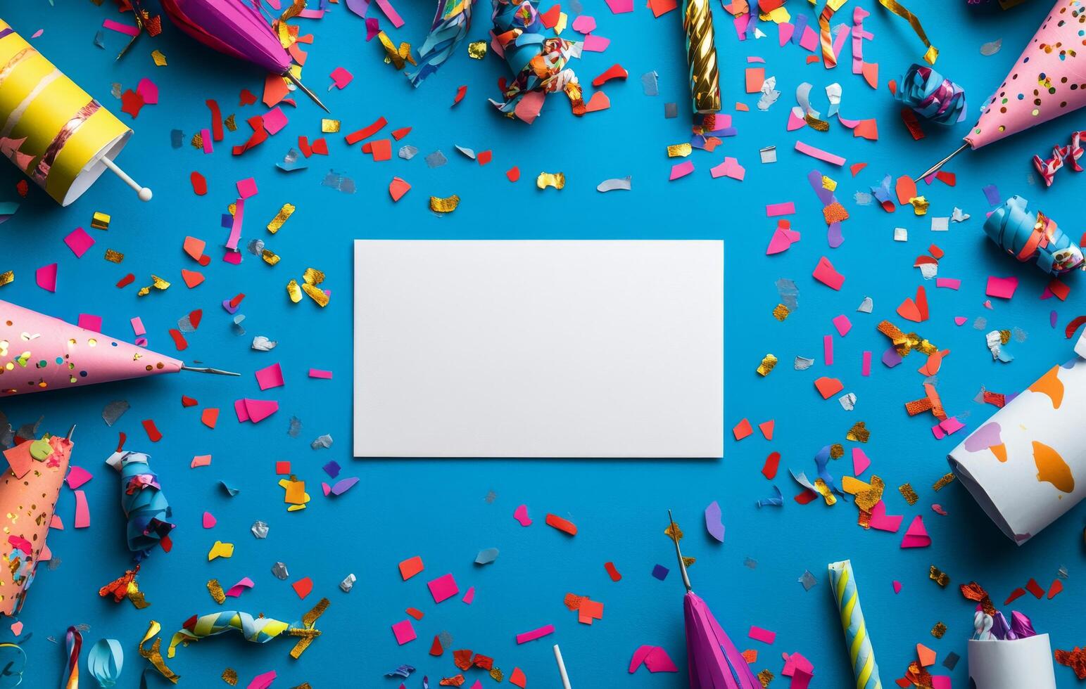 Festive celebration setup with colorful party hats and confetti on a bright blue background photo