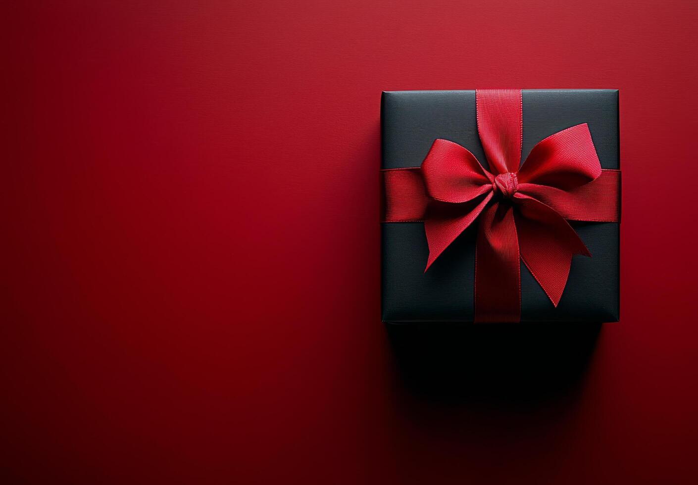 A beautifully wrapped black gift box with a red ribbon on a textured red and black background photo