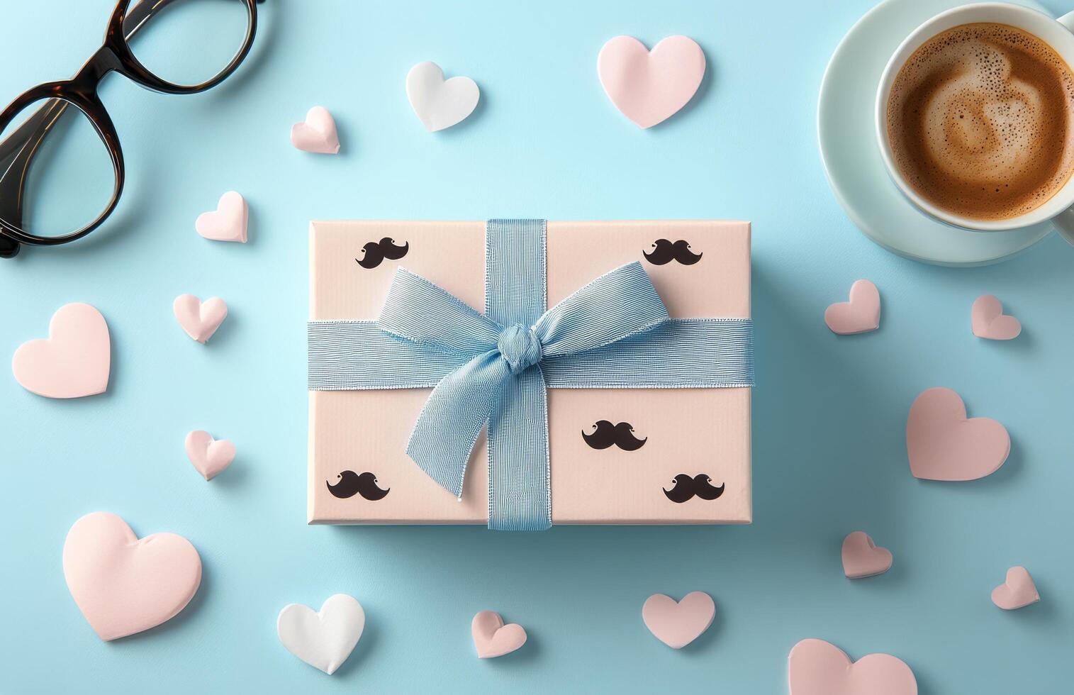 A beautifully wrapped gift with a navy bow surrounded by heart-shaped decorations on a table photo