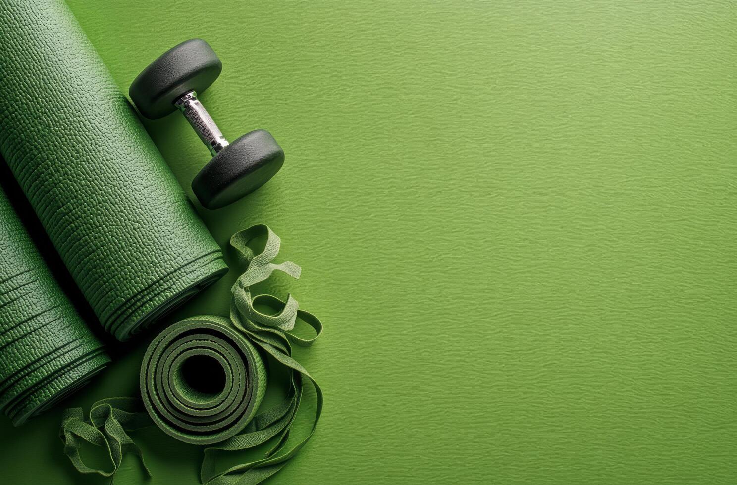 Bright green yoga mats and dumbbells for a vibrant home workout setup photo