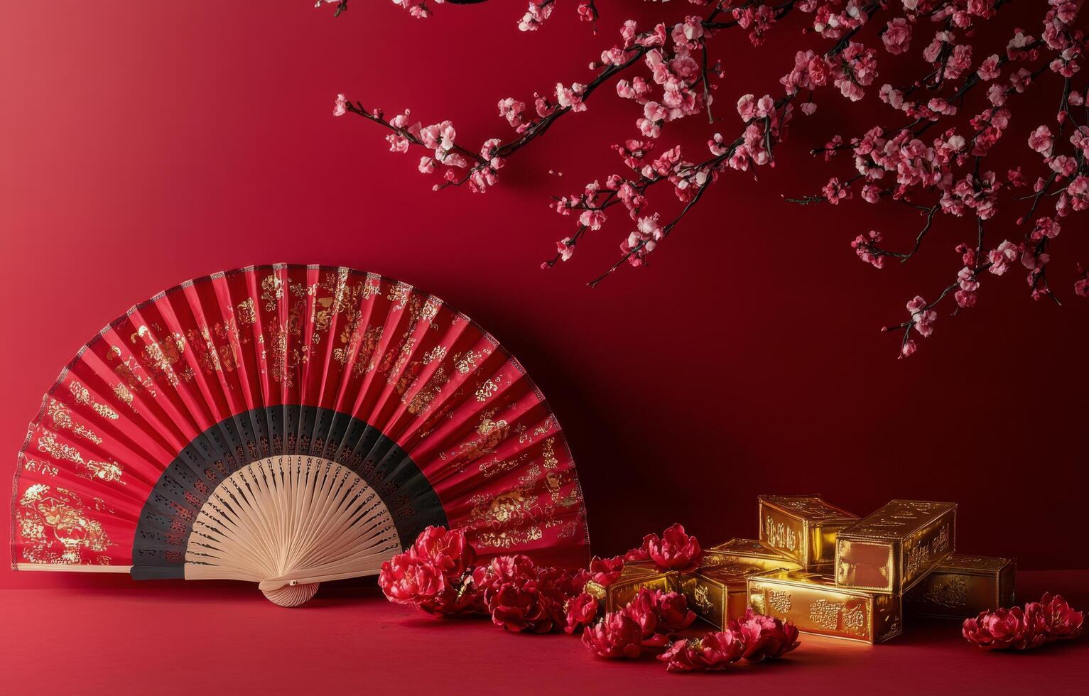 Elegant red fan and decorative elements with cherry blossoms for a festive celebration photo