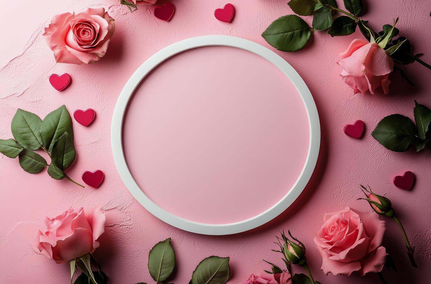 Cute white frame decorated with pink roses and hearts on a soft pink background photo