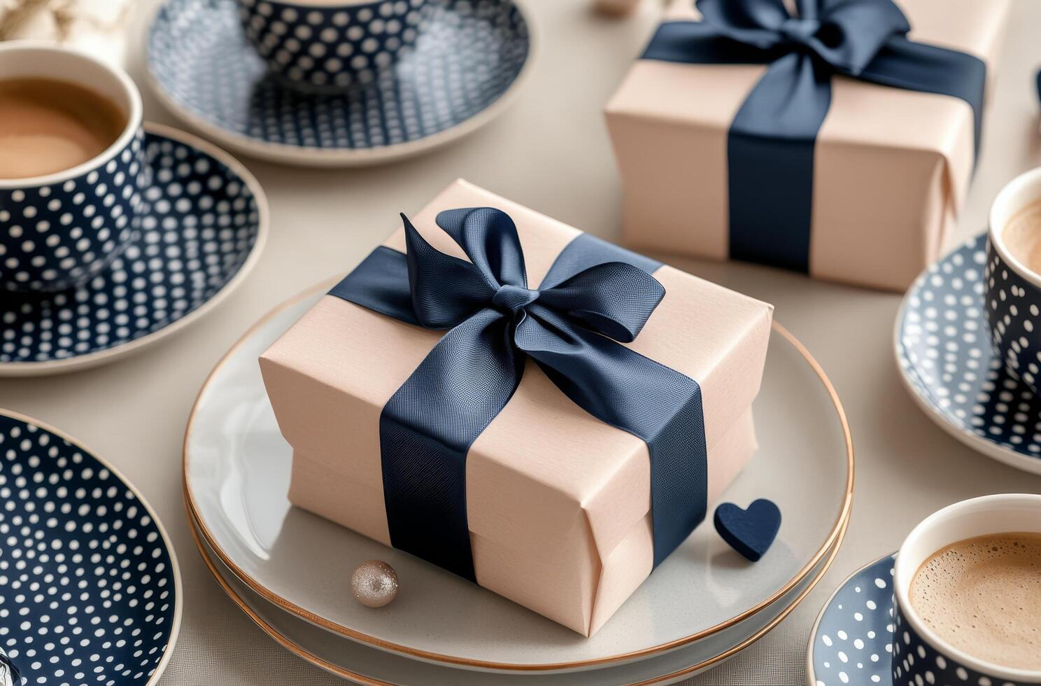 Elegant gift wrapped in navy ribbon on a table set with polka dot cups and saucers photo