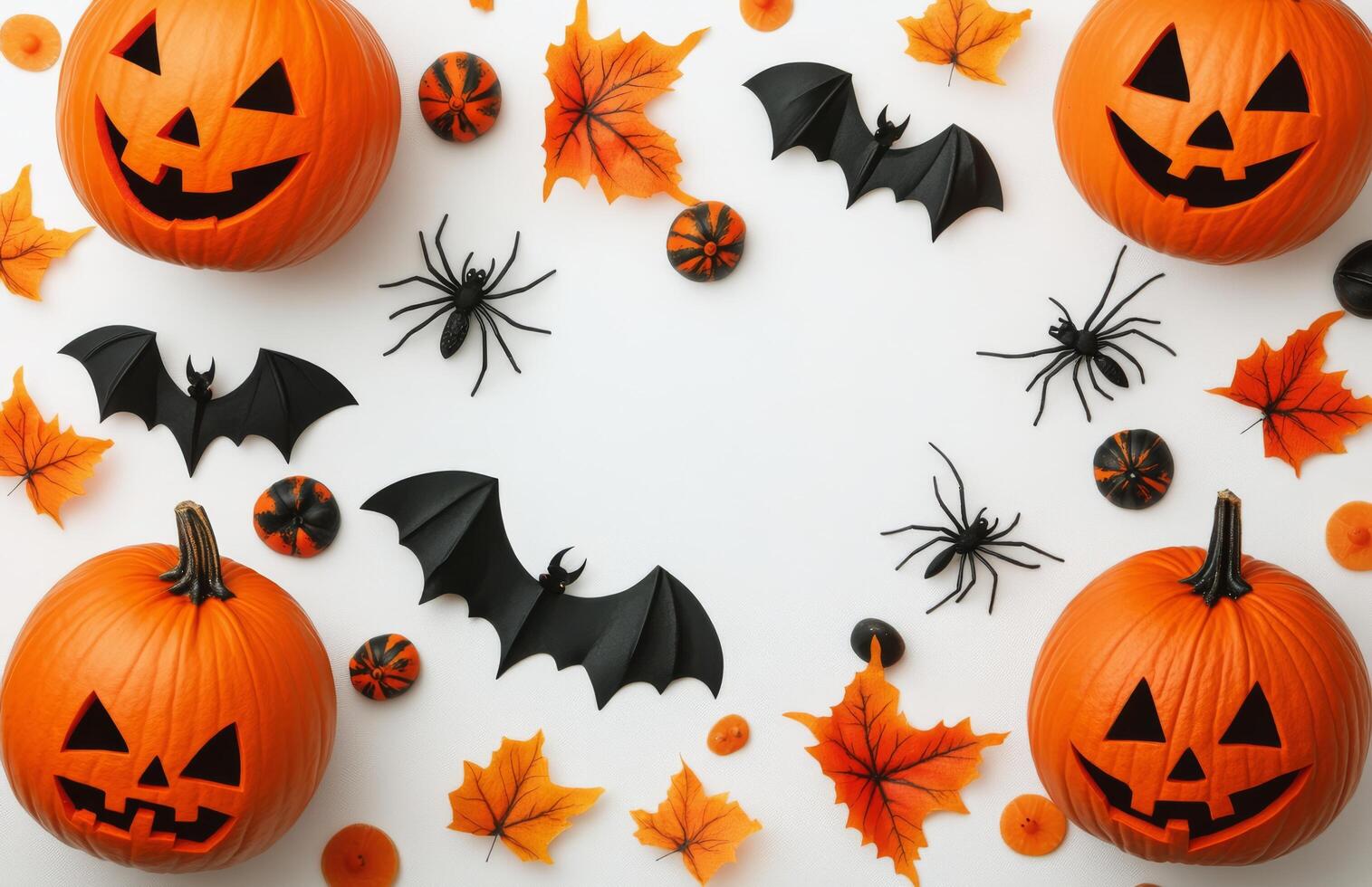 Colorful Halloween decorations featuring pumpkins, bats, and spiders set on a white background photo