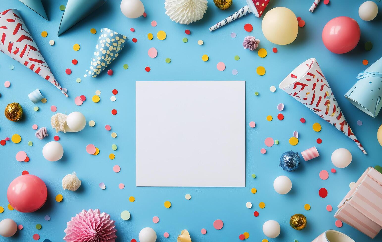 Colorful party decorations and supplies arranged on a blue background with a blank card photo
