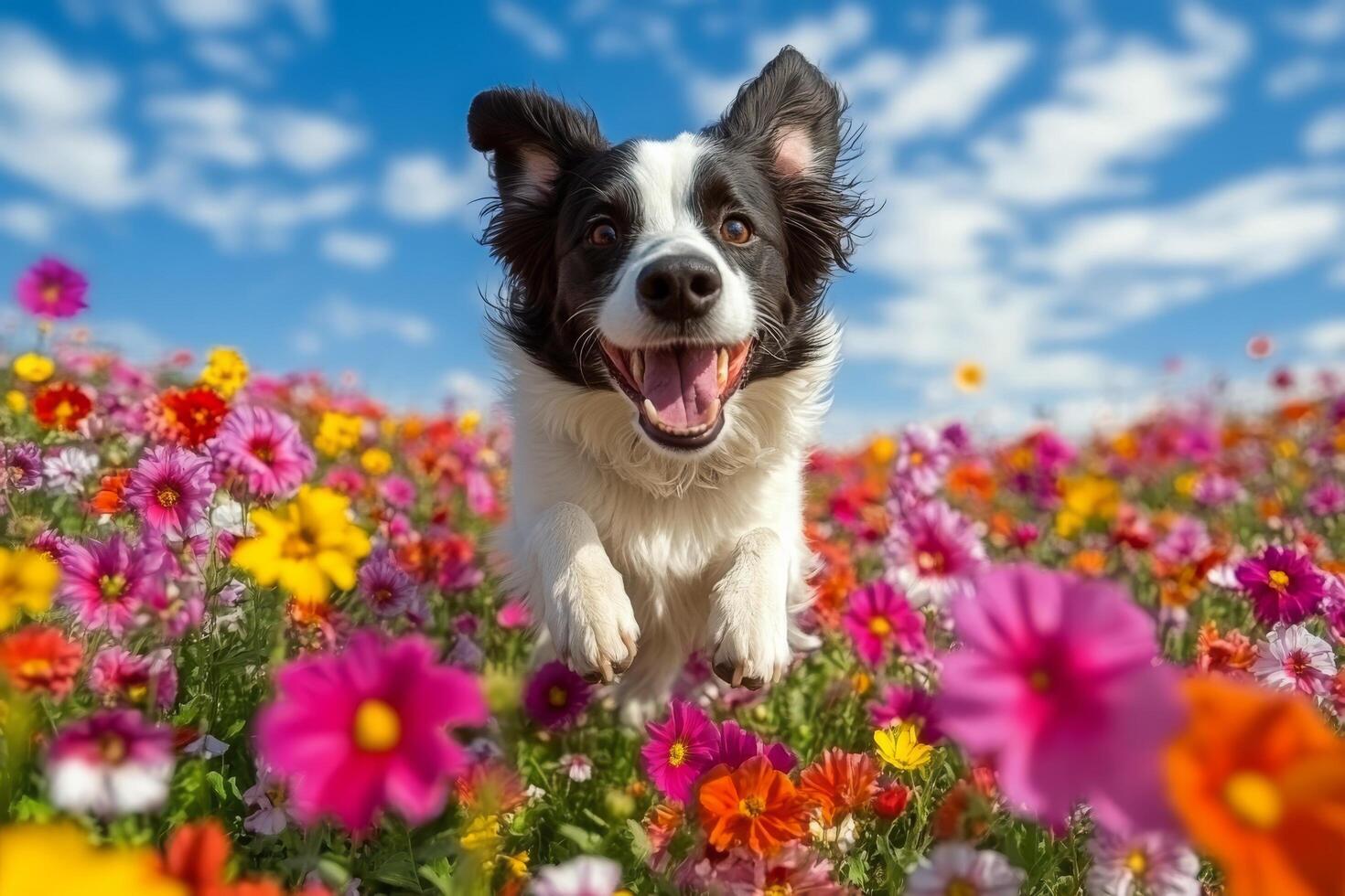 Happy dog joyfully leaps through a vibrant flower field under a bright blue sky photo