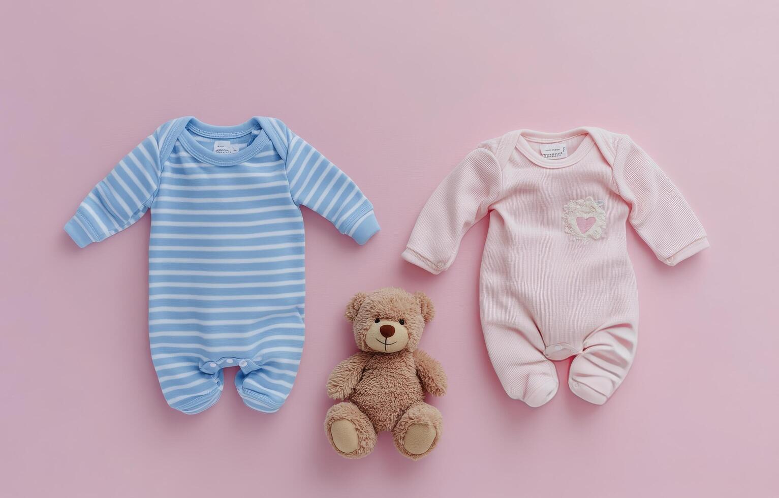 Sweet baby clothes and toys arranged on a soft pink background for a charming nursery display photo
