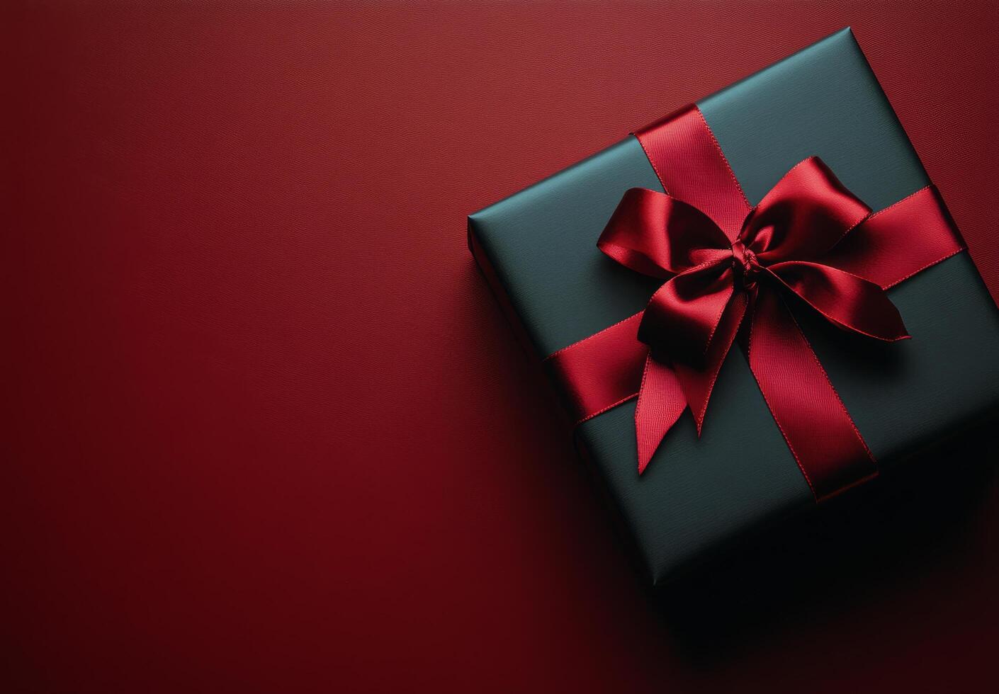 A beautifully wrapped black gift box with a red ribbon on a textured red and black background photo