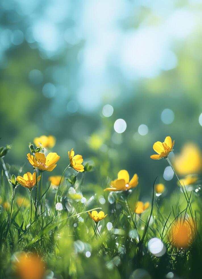 Vibrant yellow wildflowers blooming in a lush green meadow under bright sunlight photo