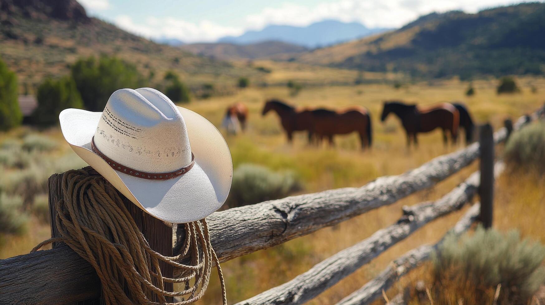A cowboy hat rests on a wooden fence near horses grazing in a sunlit field photo