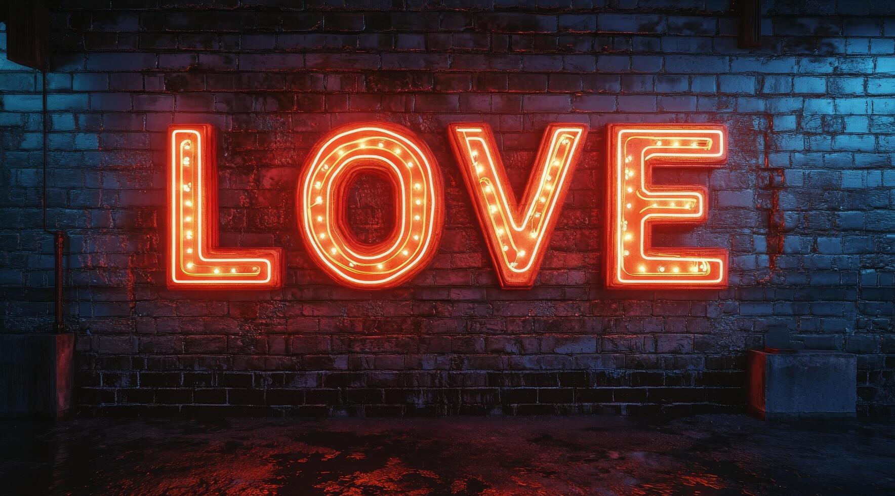 Bright neon love sign against a brick wall in an urban setting at night photo