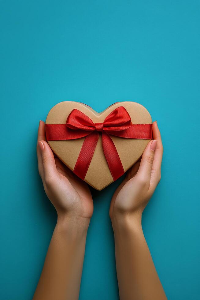 A person holds a heart shaped gift box tied with a red ribbon against a teal background photo