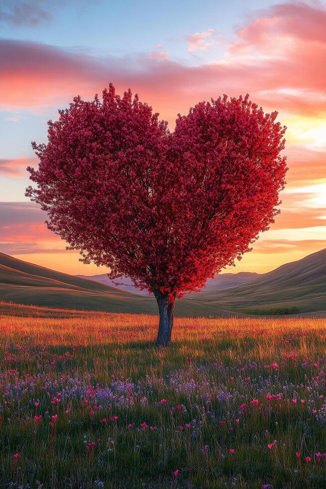Heart shaped tree blossoms in a vibrant meadow at sunset photo