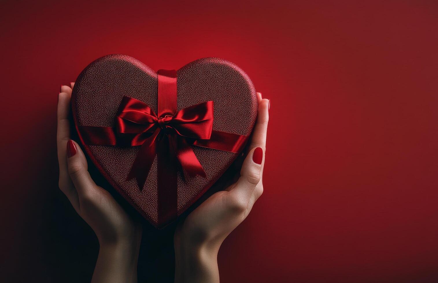 Hands presenting a heart shaped gift box tied with a ribbon against a red background photo