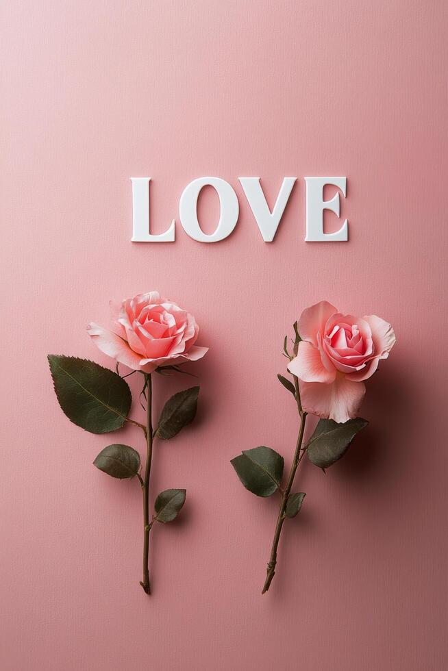 A pink floral arrangement with the word love displayed elegantly on a soft pastel background photo