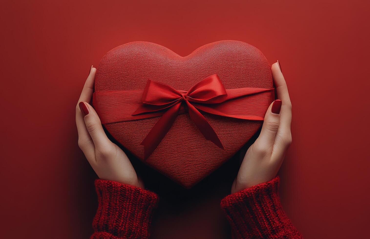 Hands presenting a heart shaped gift box tied with a ribbon against a red background photo