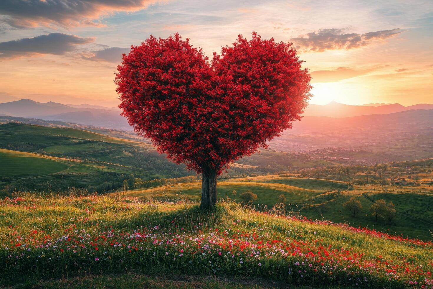 A heart shaped tree stands in a colorful meadow at sunset with rolling hills behind it photo