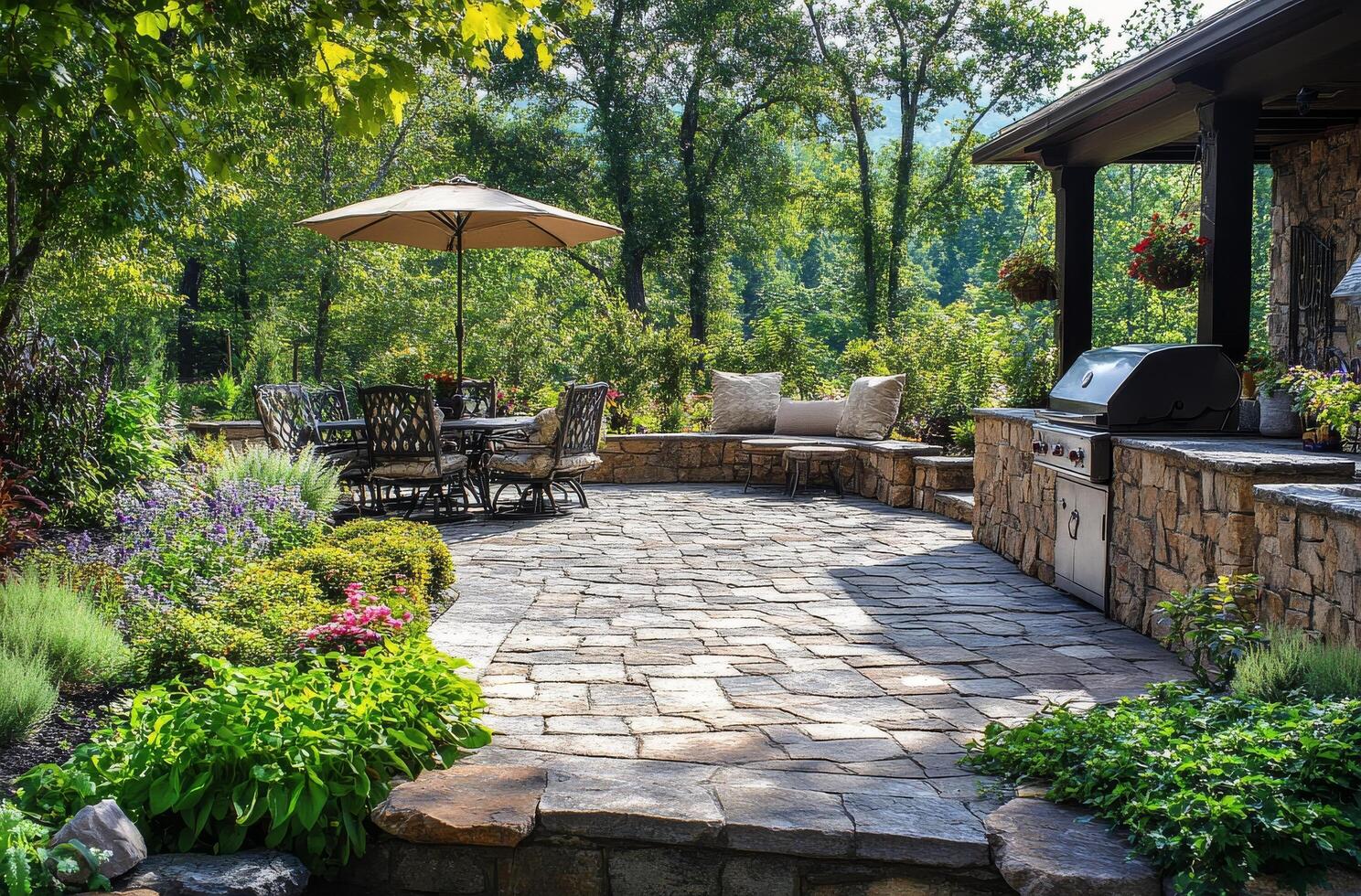 A serene garden patio with a dining area and grill, surrounded by lush greenery in daylight photo