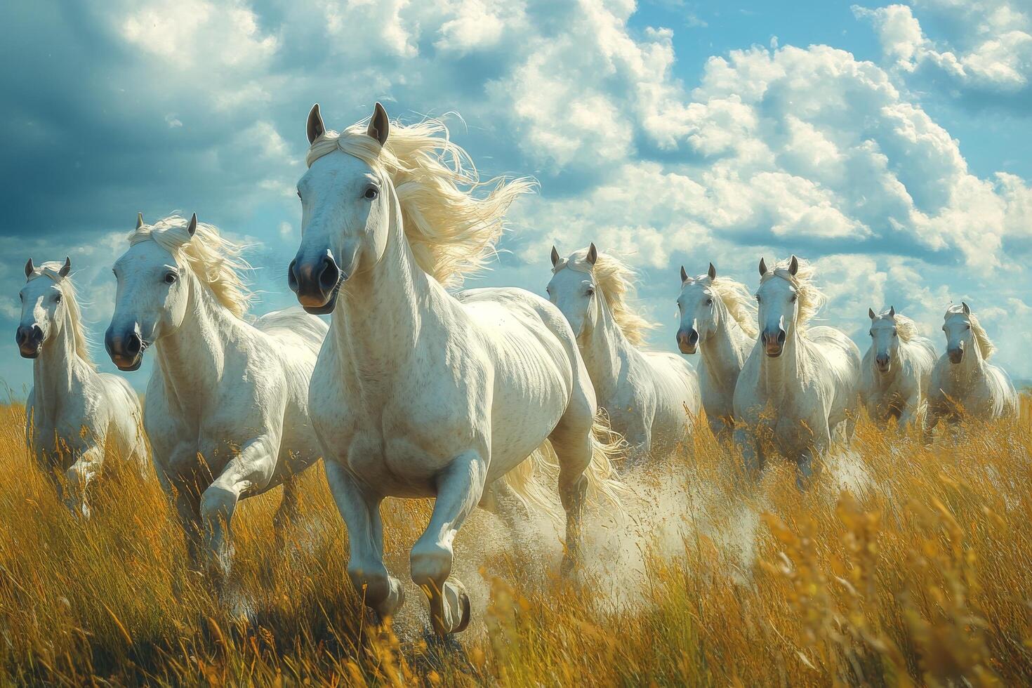 Six majestic white horses sprinting through a golden field under a bright blue sky photo