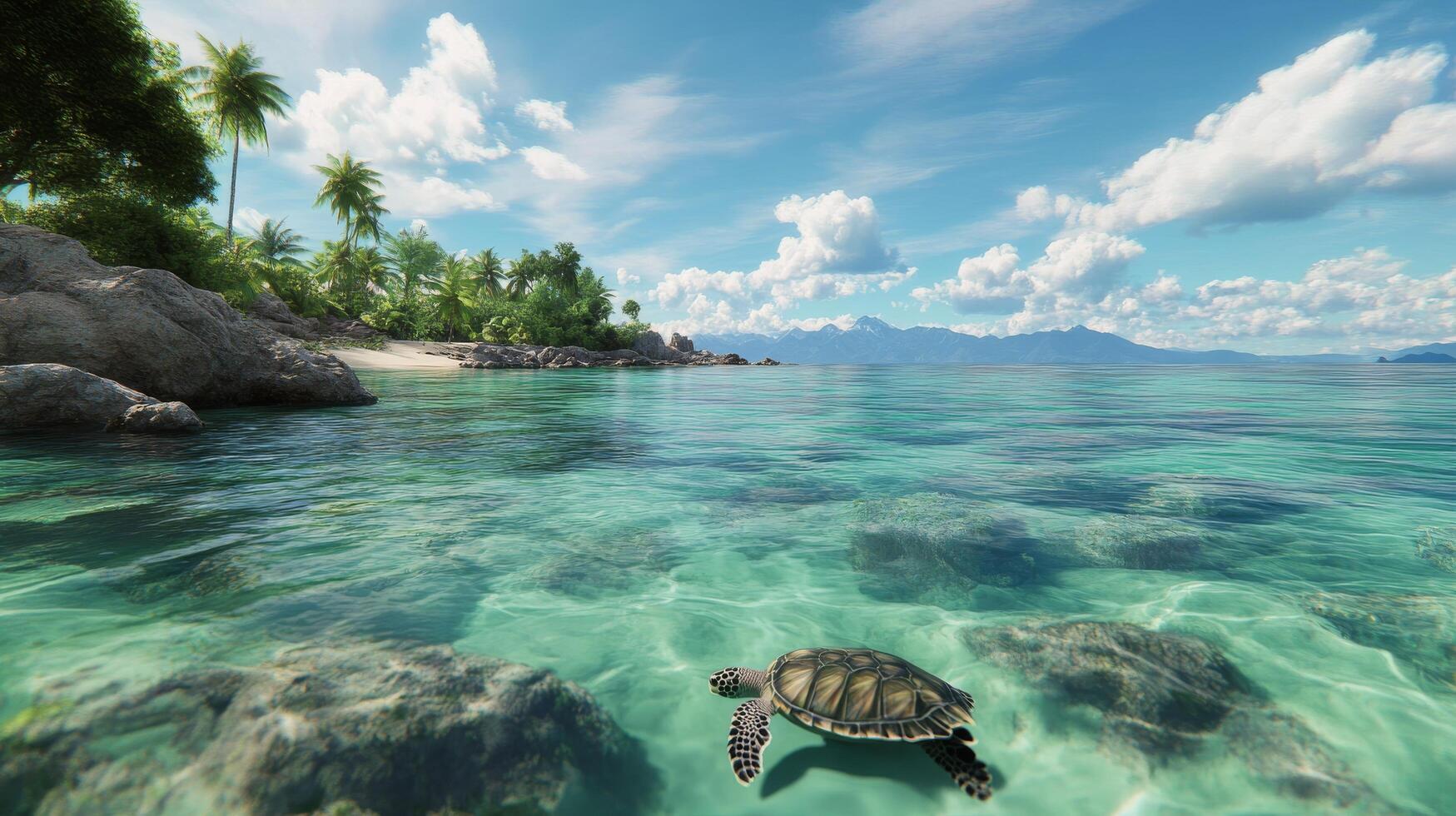 A sea turtle gracefully swims through clear blue waters near a vibrant coral reef in daytime photo