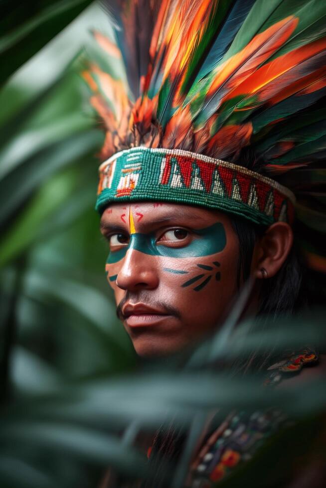 An indigenous man adorned with vibrant feathers and face paint, poised in lush greenery photo