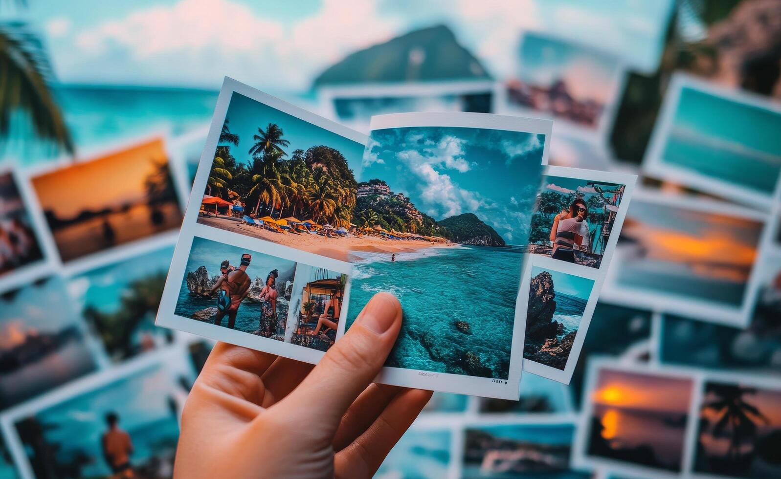 Hand holding a collection of travel postcards featuring tropical beach scenes and ocean views photo