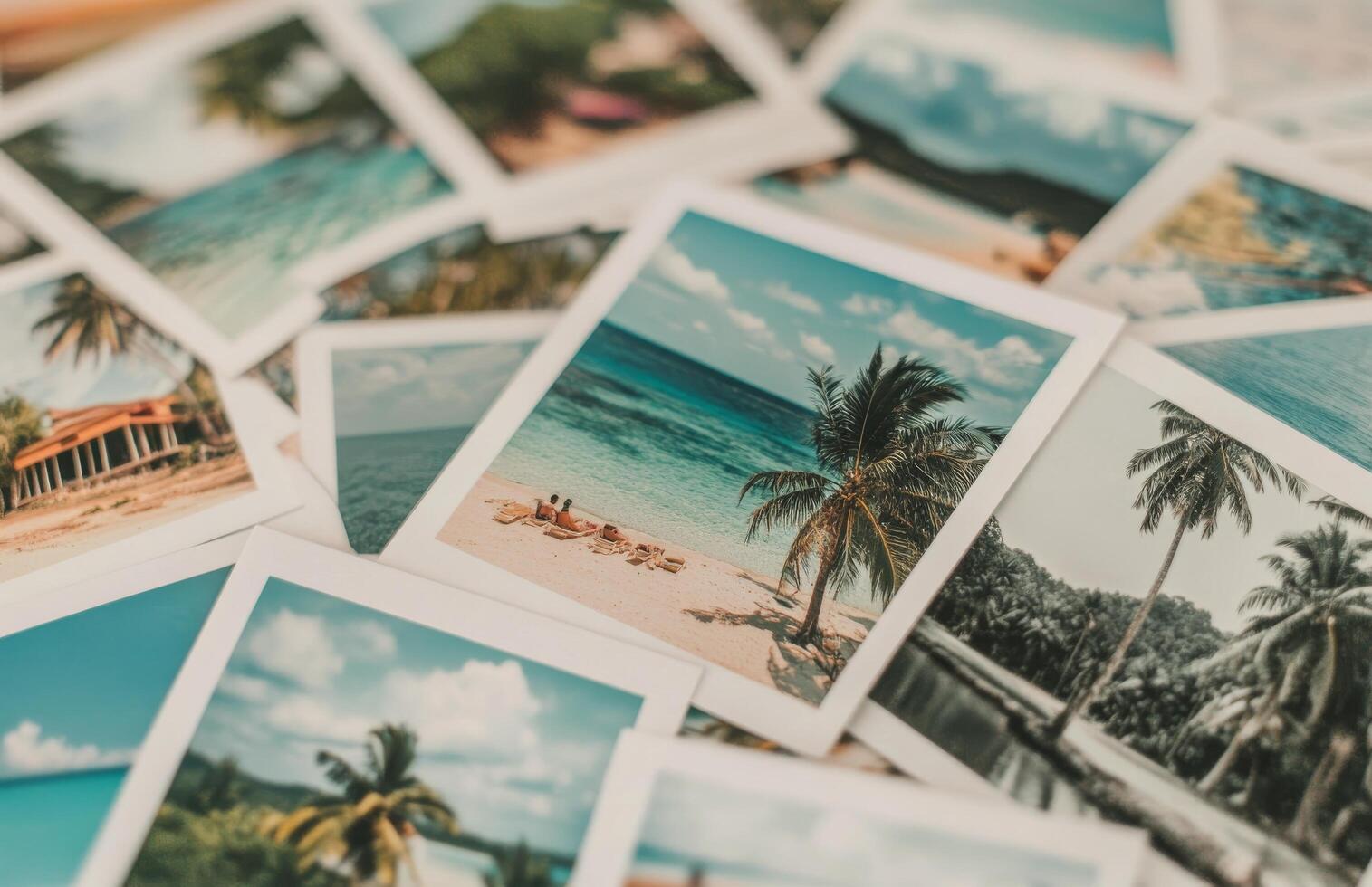 Vintage travel photographs of tropical beaches and palm trees scattered on a wooden surface photo