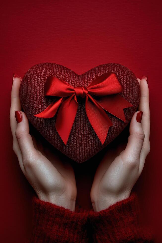 A person holds a heart shaped gift box tied with a red ribbon against a teal background photo