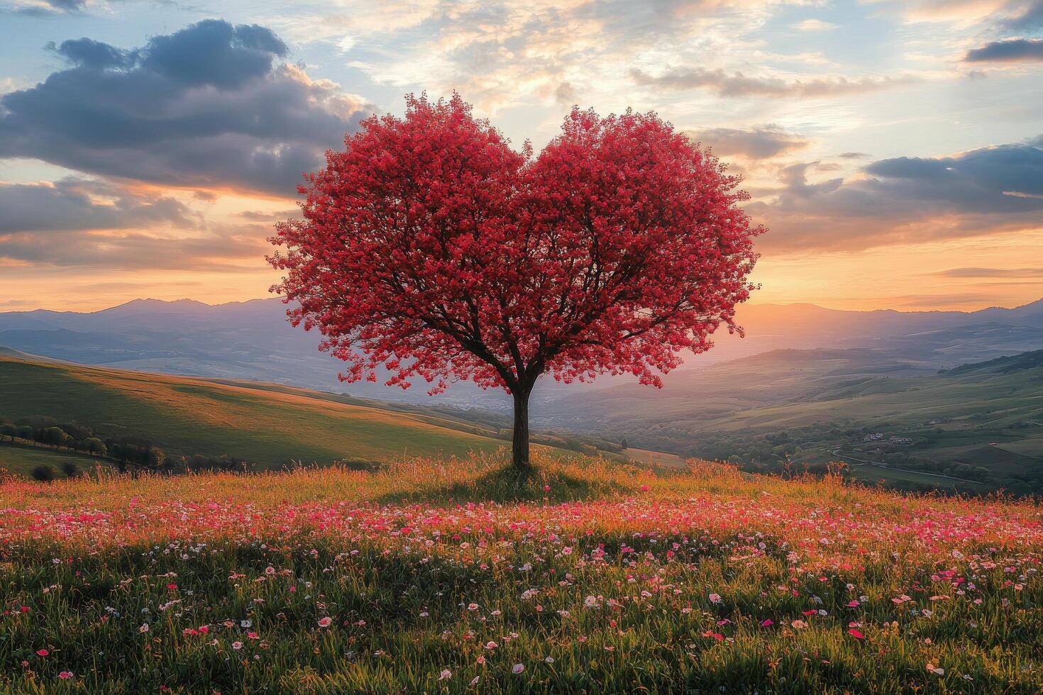 A heart shaped tree stands in a colorful meadow at sunset with rolling hills behind it photo