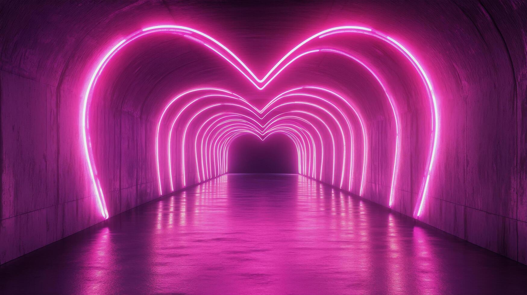Vibrant neon pink tunnel with heart design illuminated in a dark underground setting photo