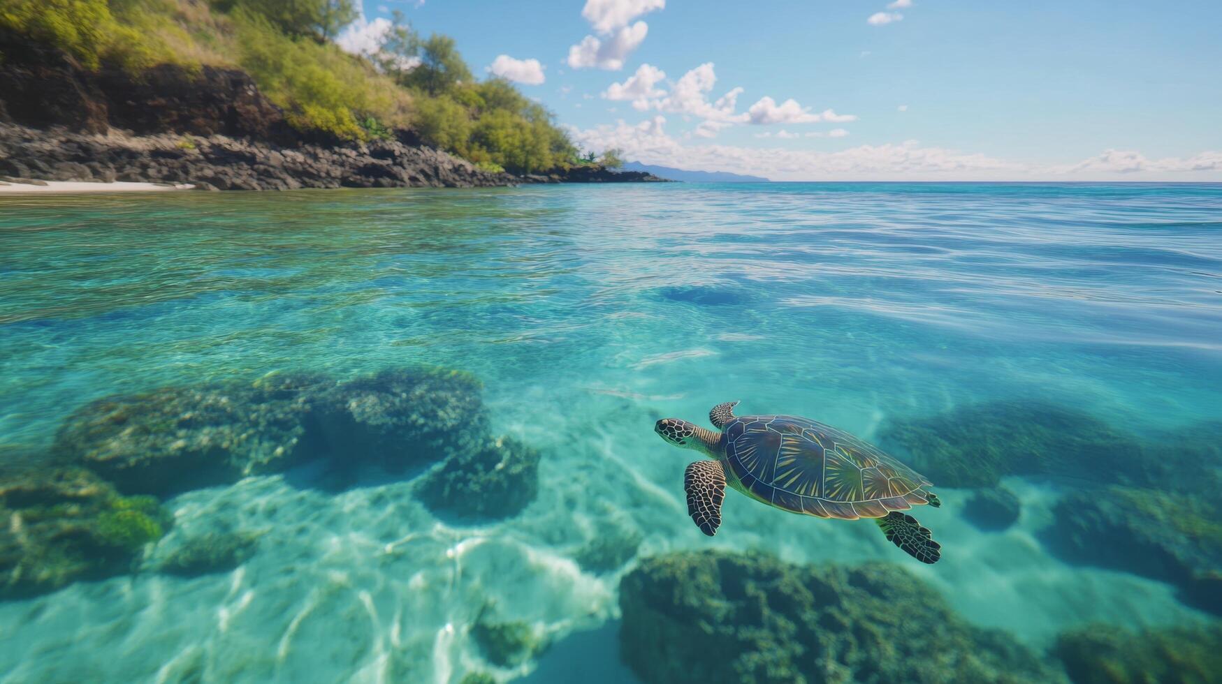 A sea turtle gracefully swims through clear blue waters near a vibrant coral reef in daytime photo