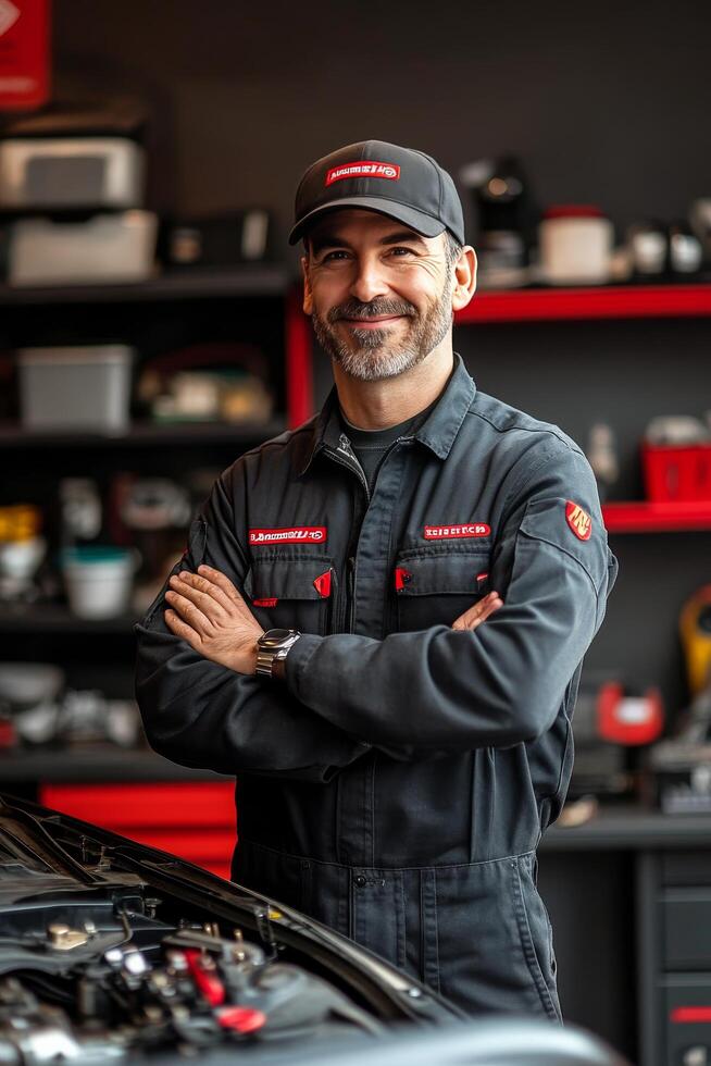 Skilled mechanic in workshop showcasing expertise and confidence while standing with crossed arms photo